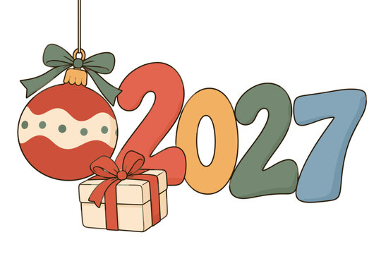 2027 New Year numbers with Christmas ornament and gift box
