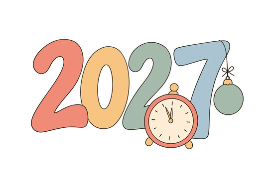 2027 New Year numbers with alarm clock and hanging ornament