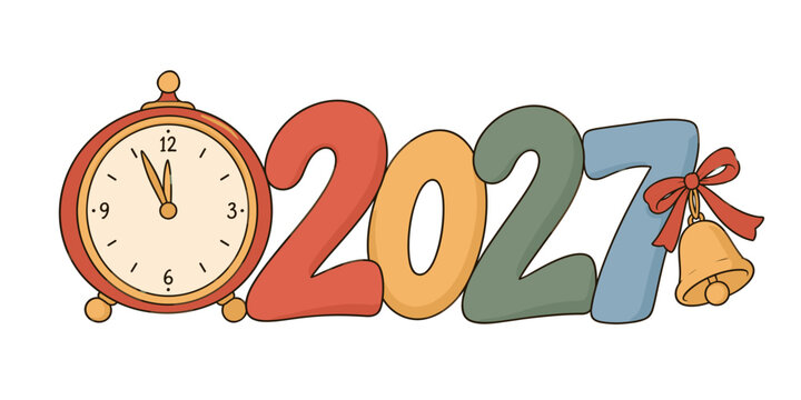 2027 New Year numbers with alarm clock and festive bells