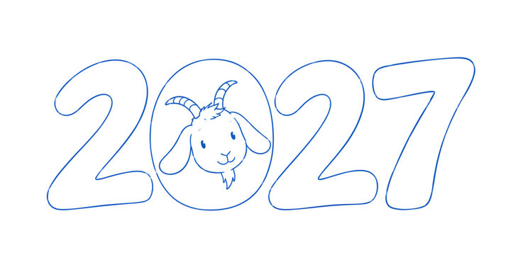 Blue line art goat face inside 2027 New Year numbers