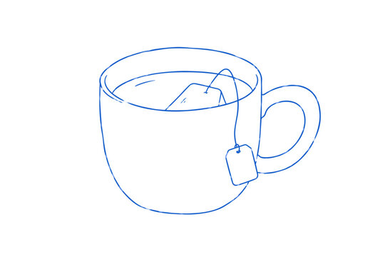 Tea Cup with Tea Bag Blue Line Art Doodle Vector Illustration