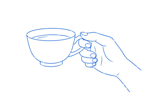 Hand Holding Tea Cup Blue Line Art Doodle Vector Illustration