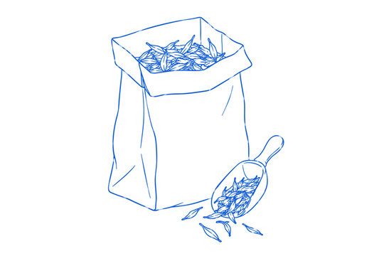 Open Tea Bag Package with Spoon and Loose Leaves Line Art
