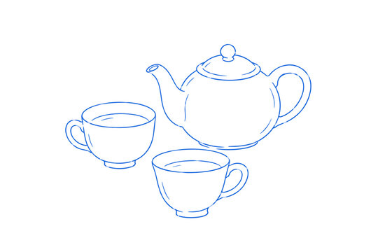 Teapot and Two Tea Cups Blue Line Art Doodle Set
