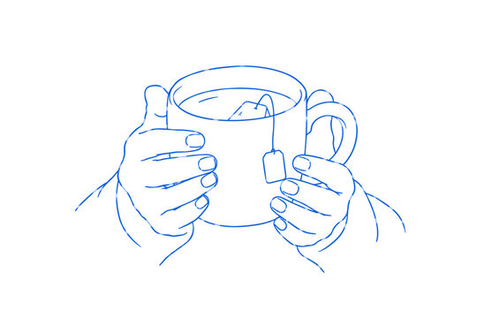 Hands Holding Hot Tea Mug with Tea Bag Line Art