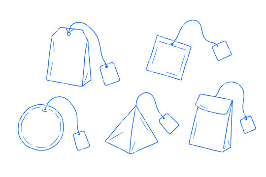 Different Tea Bag Shapes Minimal Blue Line Doodle Set