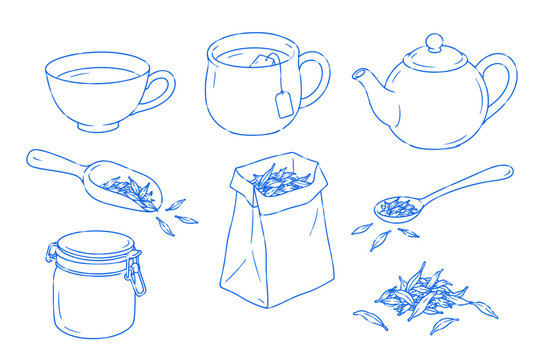 Tea Objects Collection with Teapot Cups Leaves and Jar Line Art