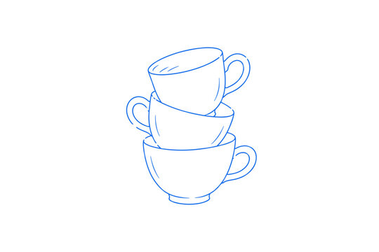 Stack of Three Teacups Minimal Blue Line Doodle Illustration