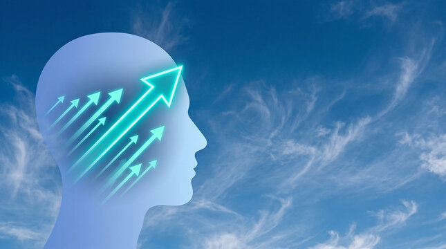 Silhouette of a human head with glowing blue arrows pointing upward, symbolizing growth, ideas, and progress against a sky background