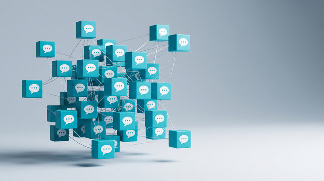 Blue cubes with speech bubble icon connected by thin strings, symbolizing network communication and digital interaction, abstract concept