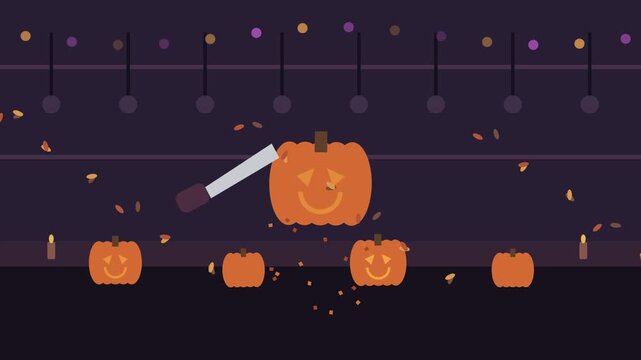 Halloween carnival arcade game banner with carved pumpkins and baseball bat smashing target