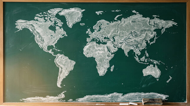 Chalk drawing of the world map on a green blackboard, with continents outlined in white, symbolizing education, geography and global connectivity