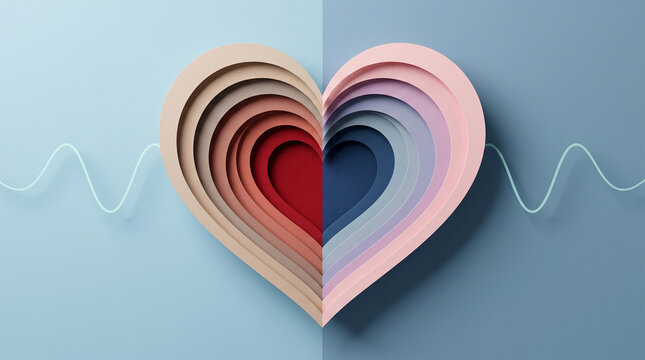 Layered heart shape in muted tones with a subtle wavy line on a plain background, symbolizing health, love, and Valentine's Day.