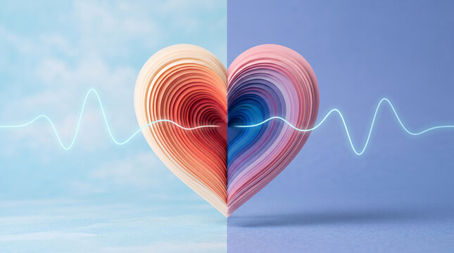 A paper heart made of layered strips, split into warm and cool tones, with a glowing waveform crossing it, symbolizing life, health, and emotion.