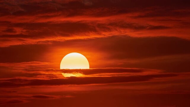 Golden sunset sinking behind dramatic clouds with cinematic motion and vibrant orange glow