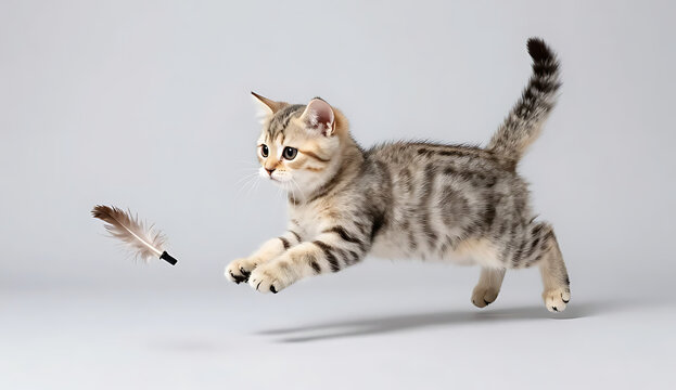 Kitten playing with feather toy on plain surface in 4k transparent png