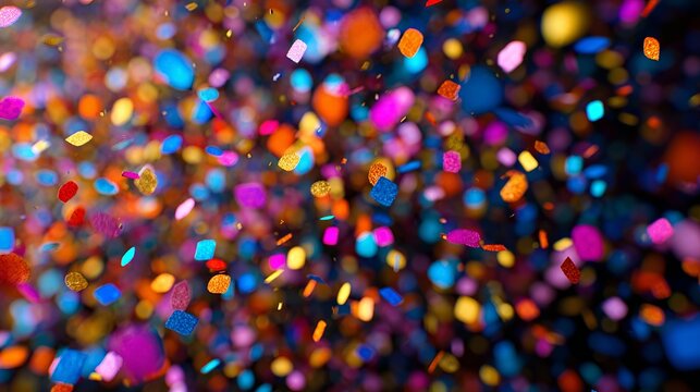 Colorful confetti flying in mid air creating dynamic celebration mood with vibrant multicolored glowing particles everywhere around