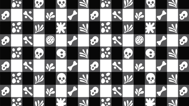 Monochrome check pattern featuring skulls bones and small botanical motifs on black and white background skull motif bones graphic botanical elements seamless texture punk rock