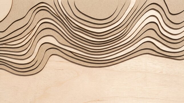 Topographic architectural site model background with blonde wood grain, flat lay concentric laser cut balsa contours with clean copy space for sustainable masterplan and urban presentation