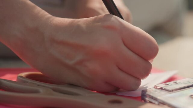 Woman writes on paper with pen accompanied by transparent plastic objects and pink fabric in soft natural light. scene focuses on hand movement over time emphasizing act of writing