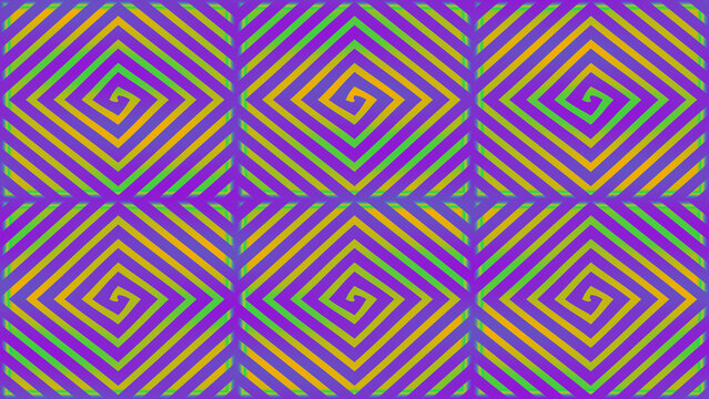 Repetitive mosaic of concentric squares forming a vibrant op art pattern in purple, green, and yellow tones.