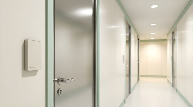 Industrial security corridor featuring biometric access reader and steel door with deep perspective view symbolizing enterprise access control and identity verification