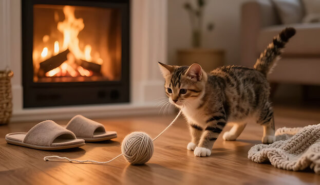 Cozy cat playing with yarn ball near fireplace in warm living room