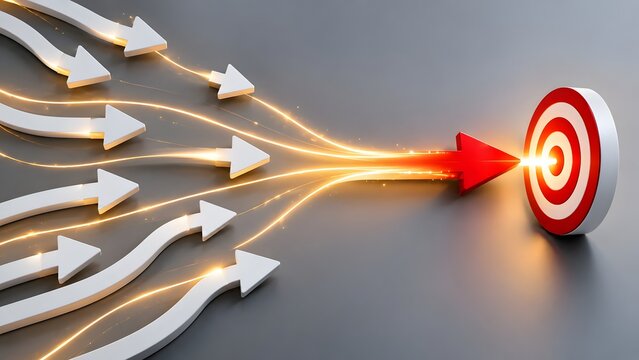 Teamwork synergy and business goal alignment concept with multiple arrows converging into target center