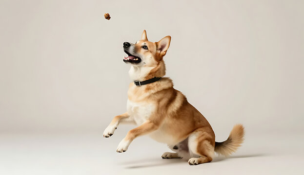 Playful dog catching frisbee in mid-air with transparent background