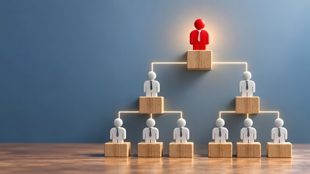 Corporate hierarchy organizational chart with red leader figure and white team members on wooden blocks