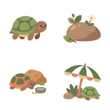 Cute turtles, smooth rocks, and small plants illustrated together in a charming pastel design set.