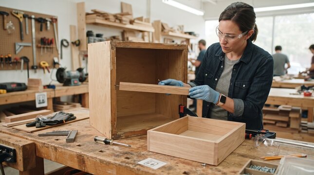 Female Carpenter Repairing Wooden Drawer in Workshop