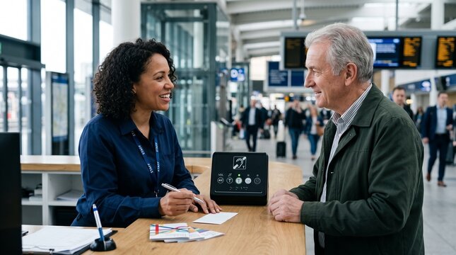 Staff Assisting Senior Traveler at Accessible Information Desk