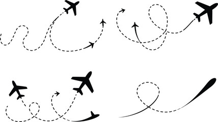 Obraz premium Abstract black airplane silhouettes with varied curly dotted flight path lines dotted line air travel route map travel plans air transport airplane icon dashed line airplane