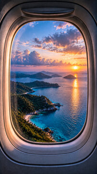 Tropical islands and blue bays seen through an airplane window at sunset. Aerial view of wooded islands across the sea. Island travel and tropical escape. Coastal landscape.