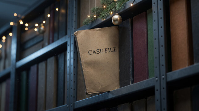 Case file archive on bookshelf with Christmas decorations, festive holiday mystery and investigation concept