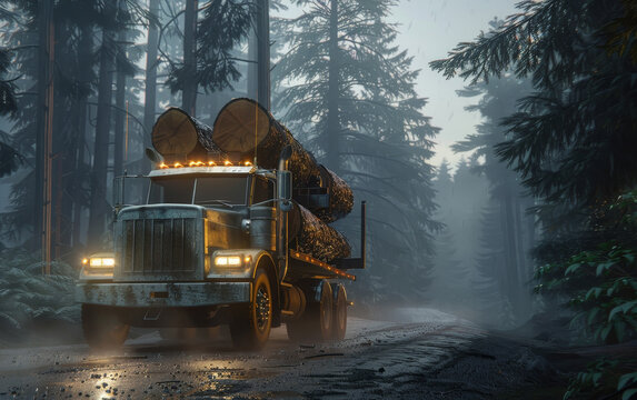 Powerful Logging Truck Transporting a Heavy Load of Logs through a Serene Forest.