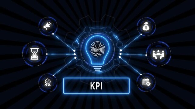 Comprehensive kpi key performance indicators concept with glowing digital light bulb, fingerprint verification, and strategic business in abstract cyber network technology background animation
