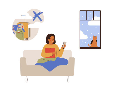 Woman planning her summer holidays in winter. happy female buys tickets on the plane online by phone from home. Girl sits on sofa and dreaming about vacation. Vector illustration