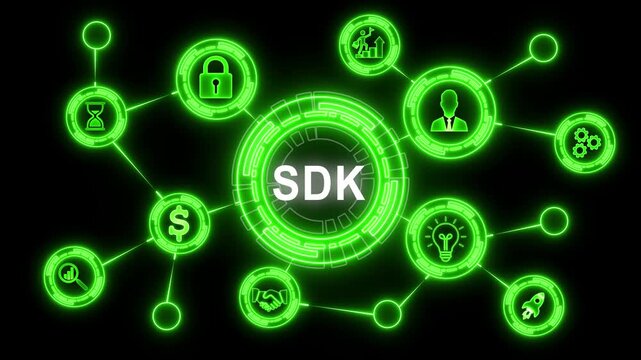 Futuristic software development kit sdk concept glowing green user interface featuring interactive digital networking nodes, modern technology architecture connections, and digital workflow