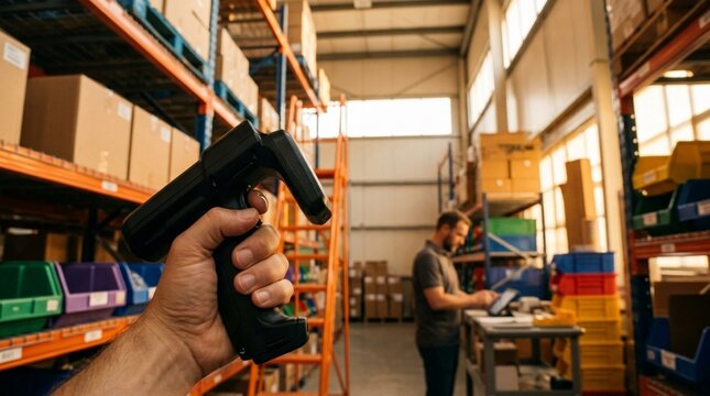 Warehouse auditor hand holding RFID reader gun scanning high shelf storage bin stock, candid ground level 16:9 view, mustard shirt, golden hour, top copy space
