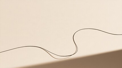 Fototapeta premium A pale beige minimal Halloween background uses one thin black cord arranged into a loose abstract curve reminiscent of a spiderweb strand, with crisp studio shadows and no additional props