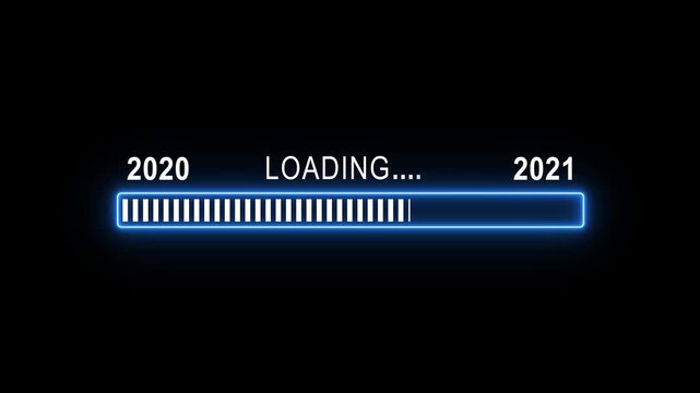 Transition from year 2020 to 2021 with digital loading progress bar, futuristic neon glowing interface data loading animation with a glitch effect on a clean black background