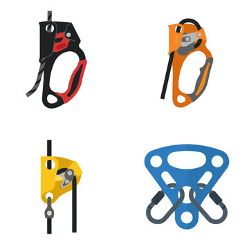 Climbing equipment icons show safety harnesses and ascender devices for mountaineering activities.