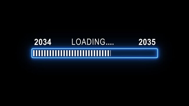 Futuristic neon blue loading bar progress animation with digital glitch effect transitioning from year 2034 to 2035 on isolated black background, for technology and, software development concepts