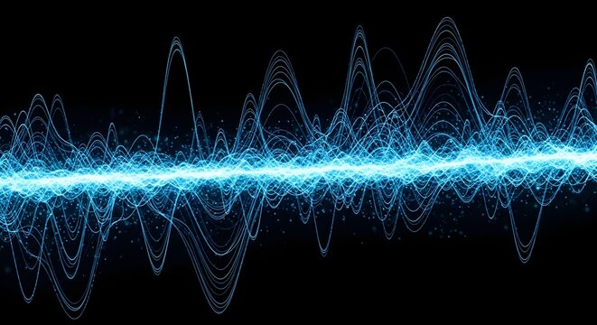 Futuristic Digital Soundwave with glowing blue frequency lines and particles on black background ideal for music production backgrounds, technology presentations, and AI data visualization.