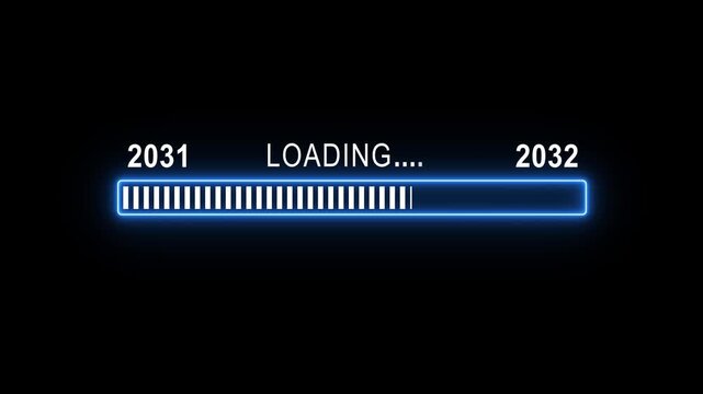 Future year 2031 to 2032 blue neon loading progress bar animation with digital glitch effect transition on black background, representing new era, transition countdown and, technological advancement