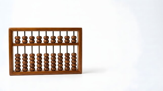 Vintage wooden abacus with brown beads on a clean white background with copy space.