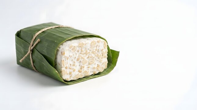 Block of fresh tempeh partly unwrapped from a banana leaf tied with twine on a white background.