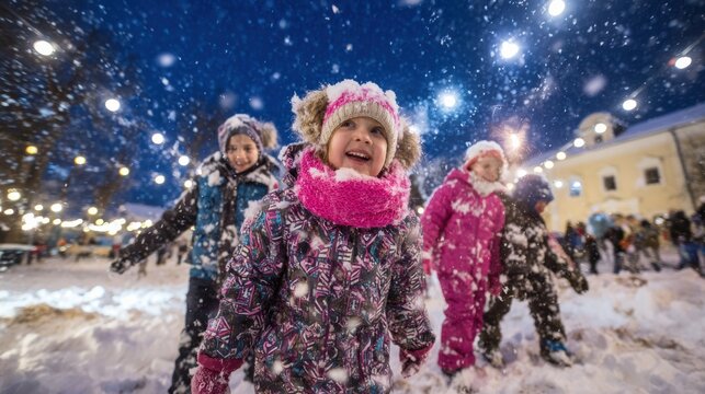 Festive snowy cheer, Children giggle amid winter festivities, Kids revel in vibrant holiday market scene, Joyful children laugh as snow falls during winter celebration